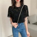 Women's Lace Shirt For Women Summer Solid Color Round Neck Short Sleeves Crocheted Hollow Out Cutout Loose All Matching Western Shirt For Women