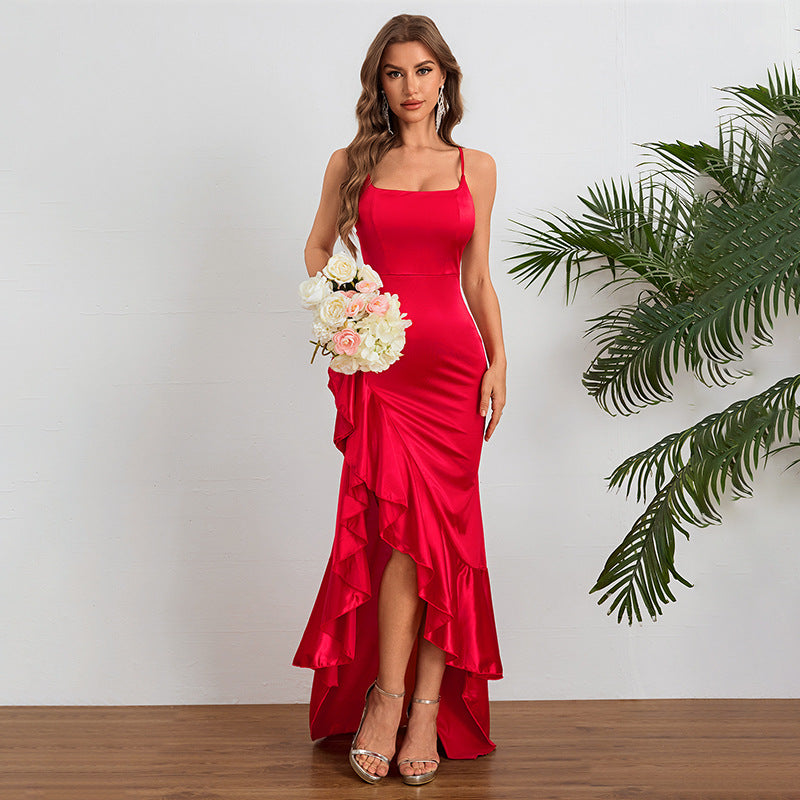 Women's Satin Ruffle Spaghetti-Strap Split Dress