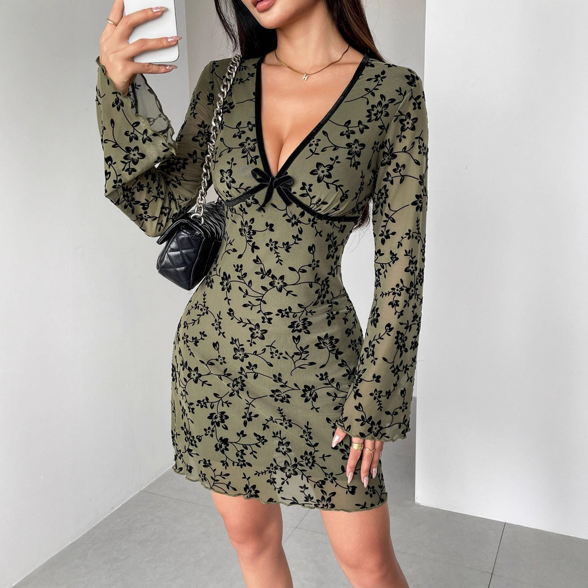 Bell-Sleeve Double-Layer Mesh Dress