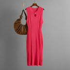 Summer round Neck Sleeveless Ice Silk Knitted Dress Slim Fit Solid Color Bottoming Dress Mid Length