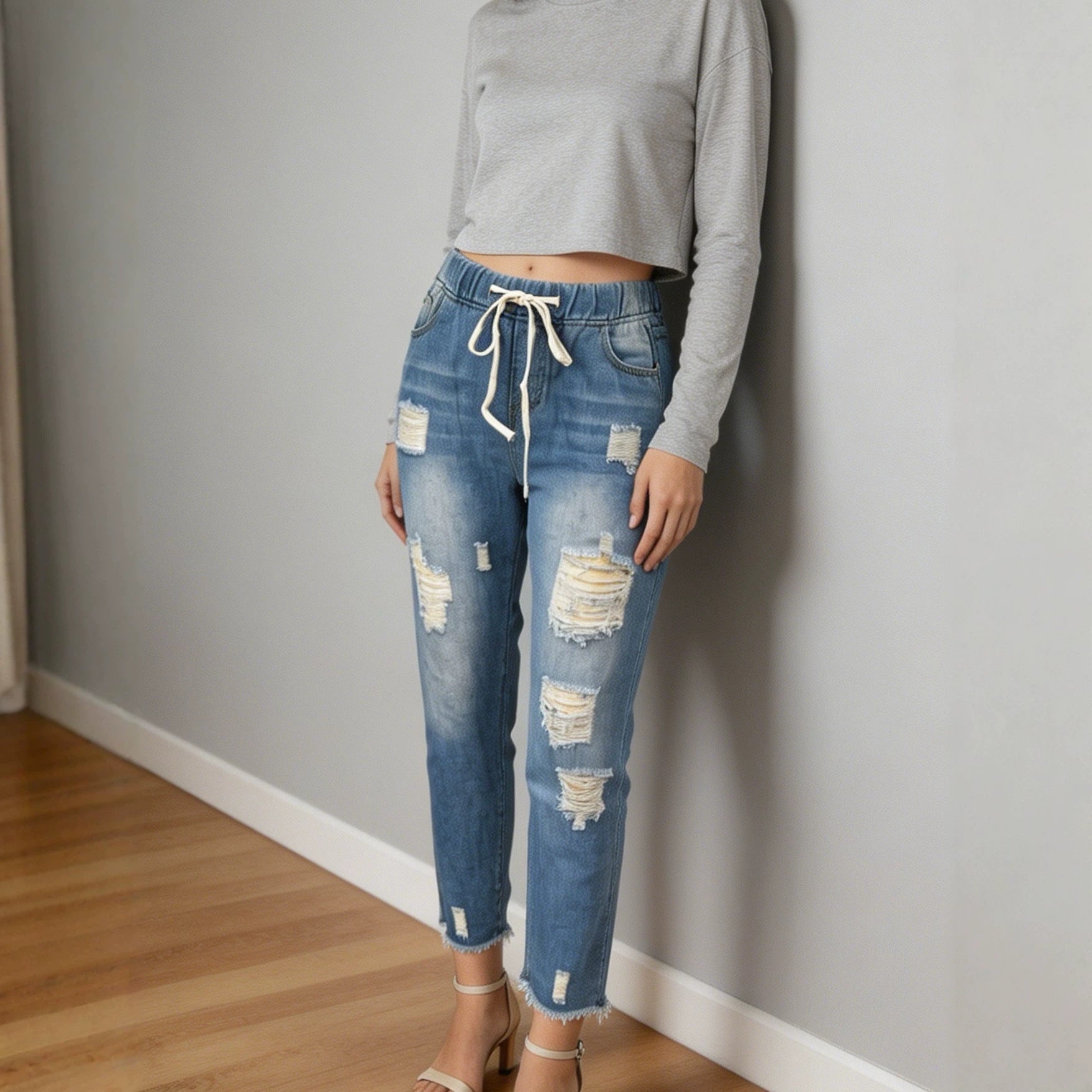 Ripped Drawstring EW Design Comfortable Women Denim