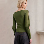 Women's off Shoulder Long Sleeve Hollow Out Cutout out Twist Cuff Design Knitted Slim Top