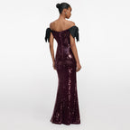 Women's Coffee Color Colorful Sequin Long Evening Dress Off-Shoulder Black Bow Cocktail