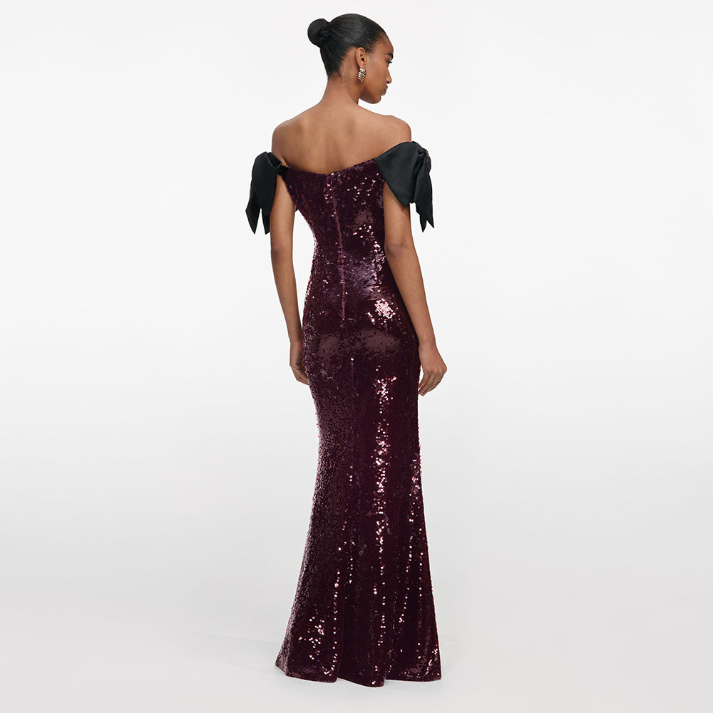 Women's Coffee Color Colorful Sequin Long Evening Dress Off-Shoulder Black Bow Cocktail