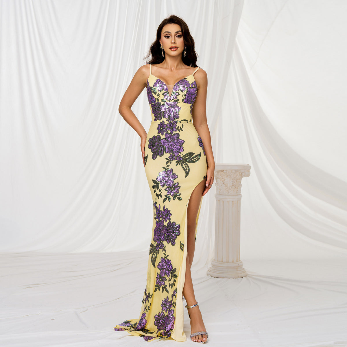 Women's V Neck Brace Sheath Sequined Cocktail Split Evening Dress