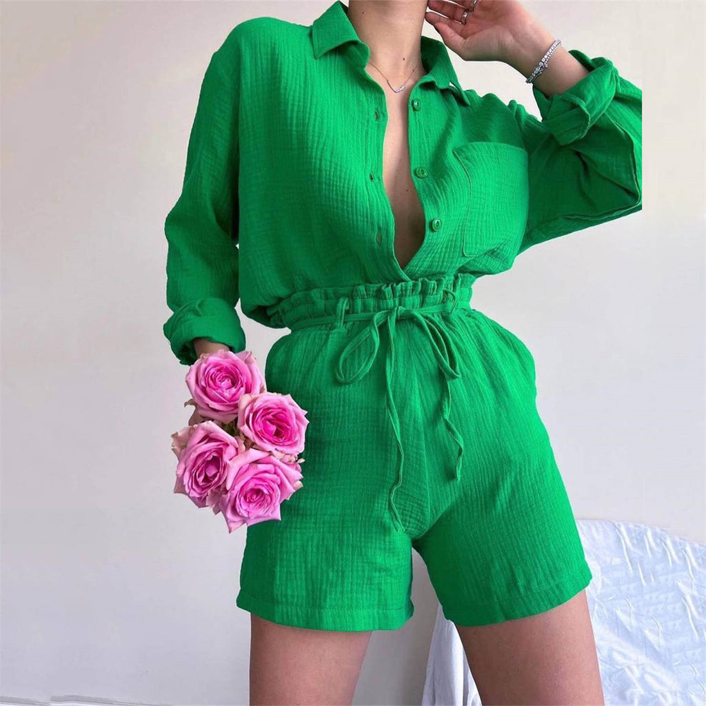 Women's Clothing Suit Pure Cotton Summer Collared Long-Sleeve Shirt High-Waisted Pocket Shorts Two-Piece Set