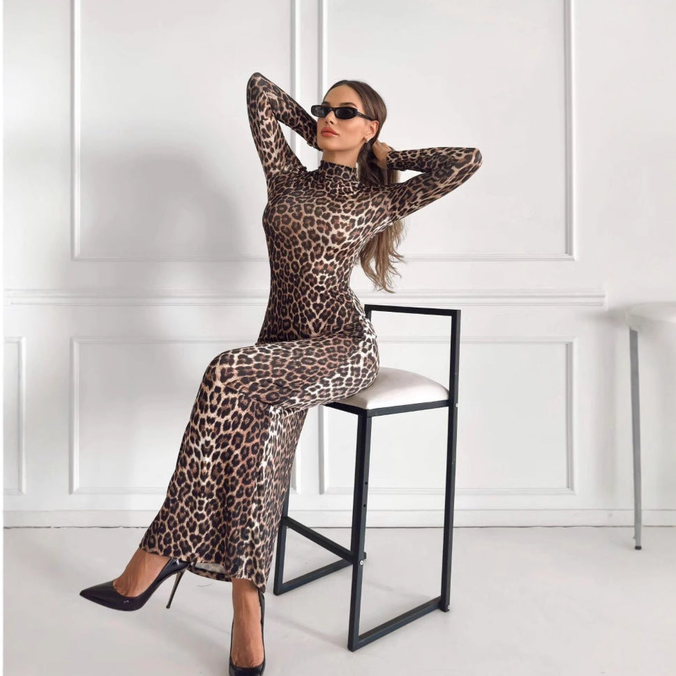 Leopard Print Stand Collar Long Sleeve Maxi Dress