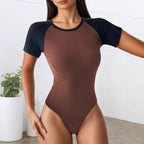 Women's Summer Contrast Color Short Sleeve Rompers Women Round Neck Slim Slimming Bodysuit