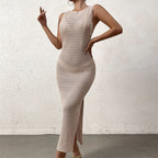 Knitted Hollow Cutout Split Sheath Sleeveless Sling Long Smock Dress