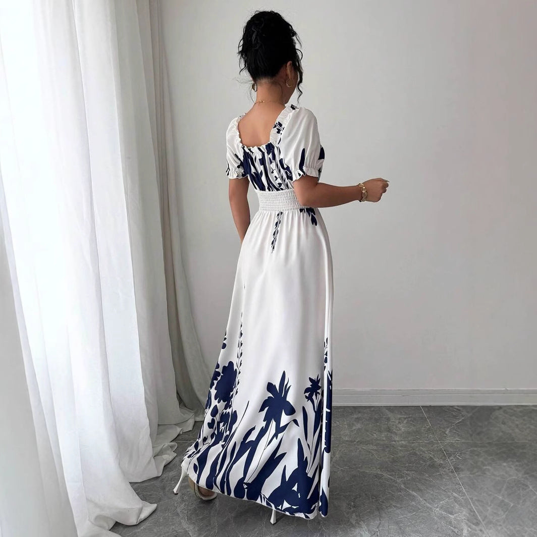 Floral Square-Neck Puff-Sleeve A-Line Maxi Dress