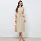 Women's Crew-Neck Belted Sleeveless A-Line Maxi Dress
