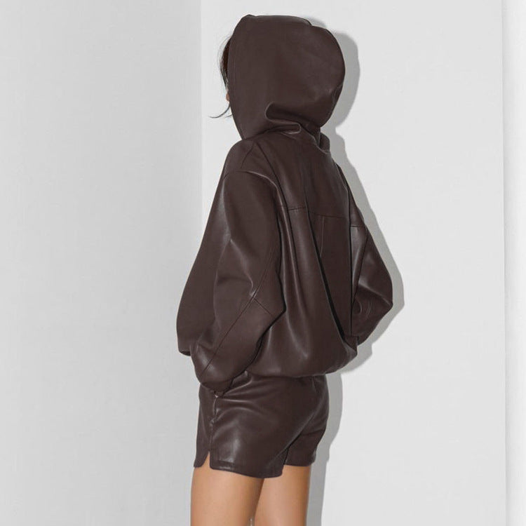 Hooded Leather Sweater Shorts Suit Street Trend