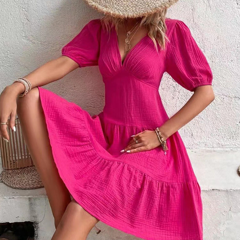 Short-Sleeve Cinched Waist Slim Fit Big Swing Dress Rose Red Tiered