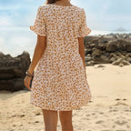 Summer Women Clothing Short Sleeve Ruffled Round Neck Printed Seaside Holiday Dress