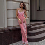 Women's Lace Spaghetti Strap Maxi Dress Summer Artificial Silk Sexy Slit Stitching Lace Dress Women