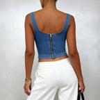Sexy Short Denim Tube Top Vest Women Zipper Slim Fit Slim