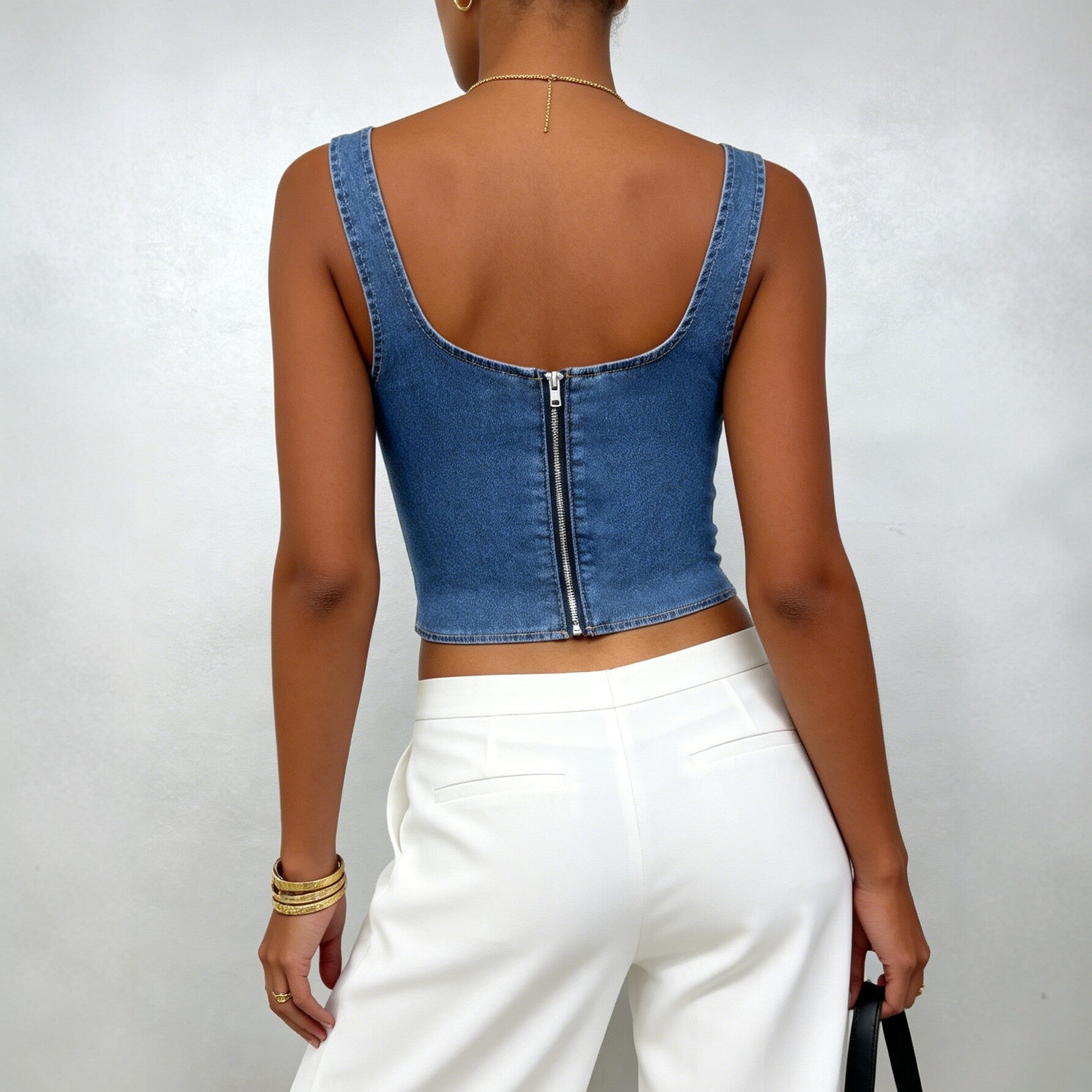Sexy Short Denim Tube Top Vest Women Zipper Slim Fit Slim