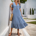 Women's Puff Sleeve Stand Collar A Line Dress