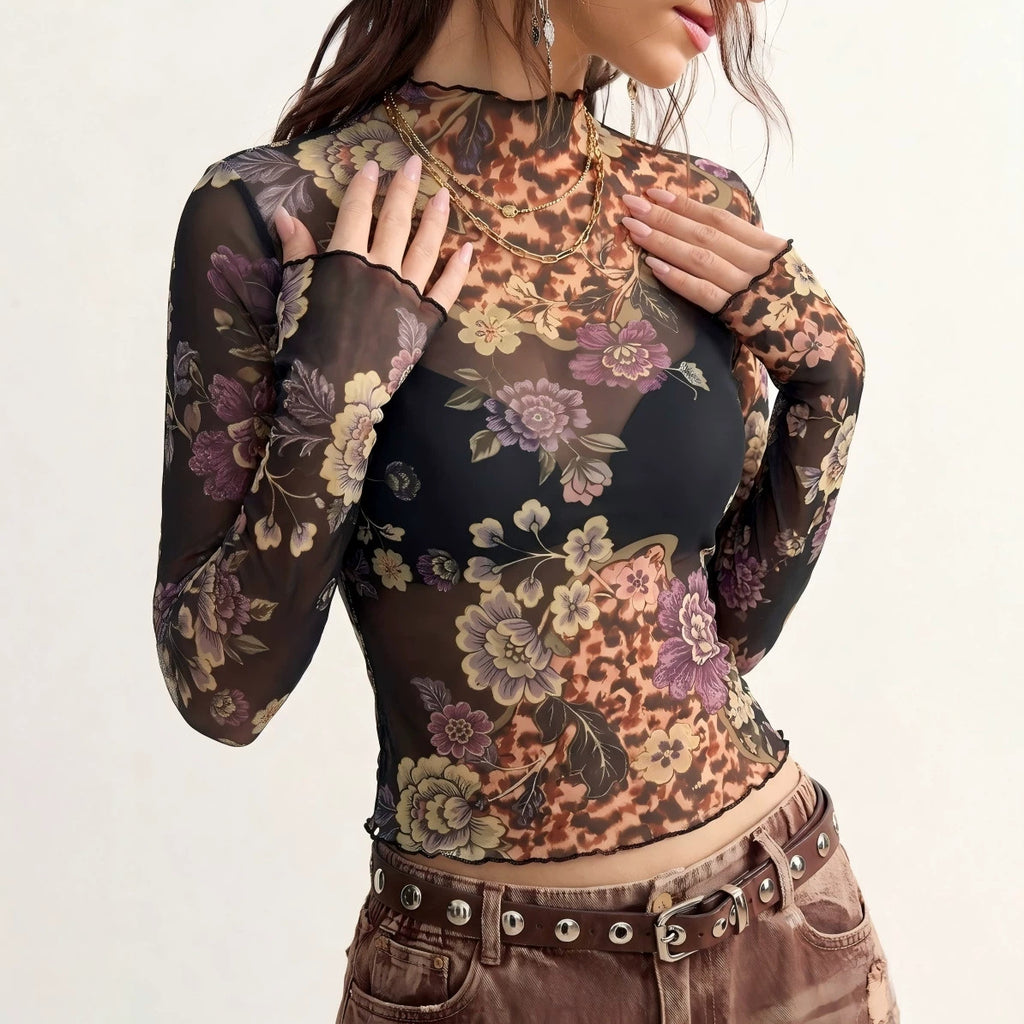 Floral Print T shirt Slim Mesh Sexy Long Sleeve Top Women