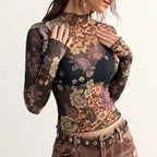 Floral Print T shirt Slim Mesh Sexy Long Sleeve Top Women
