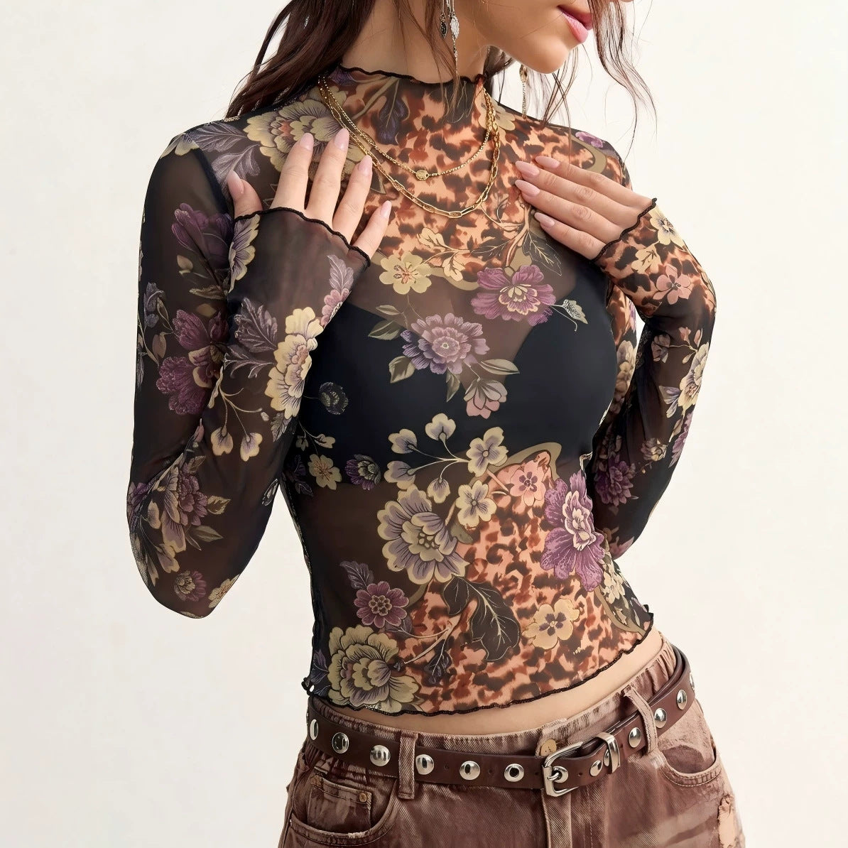Floral Print T shirt Slim Mesh Sexy Long Sleeve Top Women
