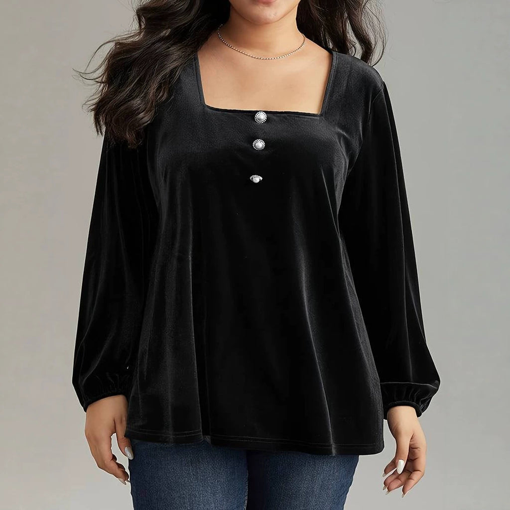 Plus Size Women Velvet Top Square Collar Lantern Sleeve Design Affordable Luxury Slim Looking Belly Covering Long Sleeve Top