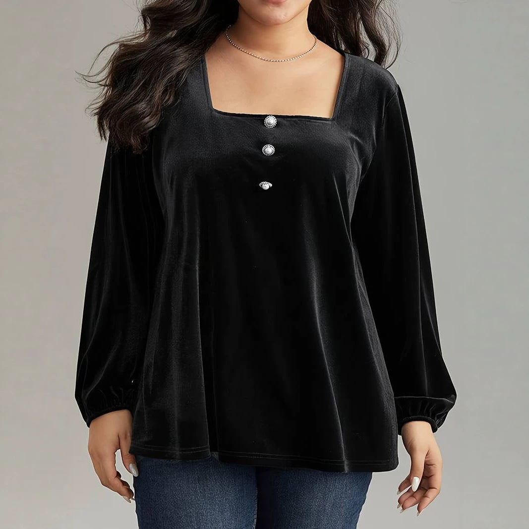 Plus Size Women Velvet Top Square Collar Lantern Sleeve Design Affordable Luxury Slim Looking Belly Covering Long Sleeve Top