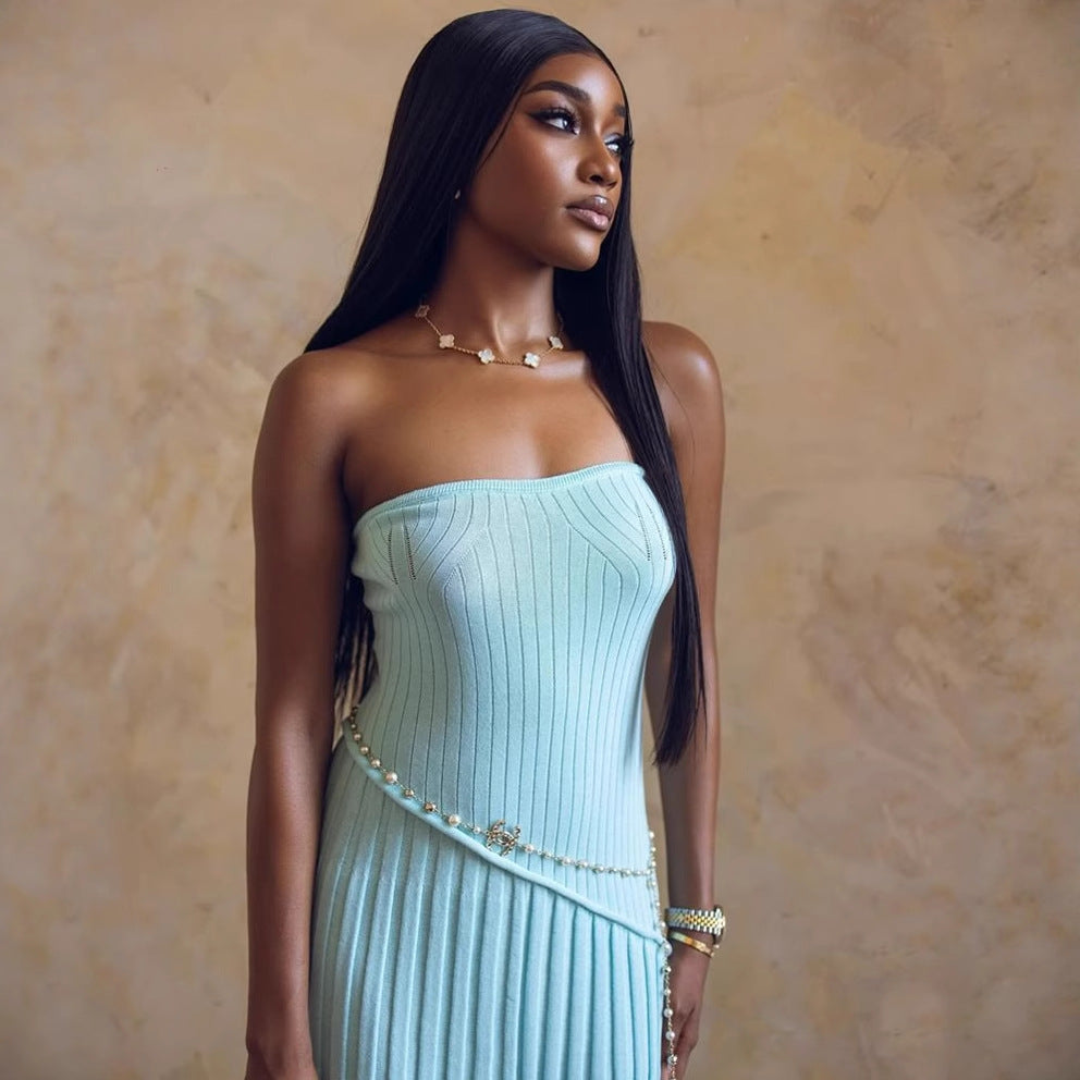 Strapless Asymmetric Split Knit Bodycon Maxi Dress
