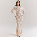 Women's Lace Long Sleeve round Collar Dress Slim Hollow Out Cutout Sheath Dress