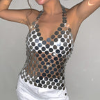 Women's Texture Sequin Sling Top Hollow Out Cutout Wafer Body Cha
