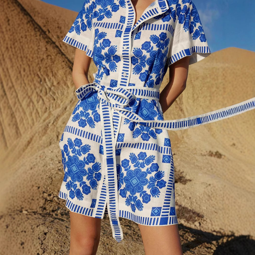 Women's Summer Trade Casual Women Clothing Printed Lace Up Dress