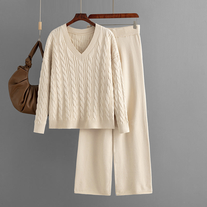 Fashionable Wide Leg Pants Sweaters Autumn Winter Twist V-Neck Knitting Two-Piece Set