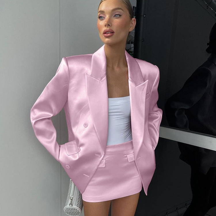 Satin Blazer Skirt Set
