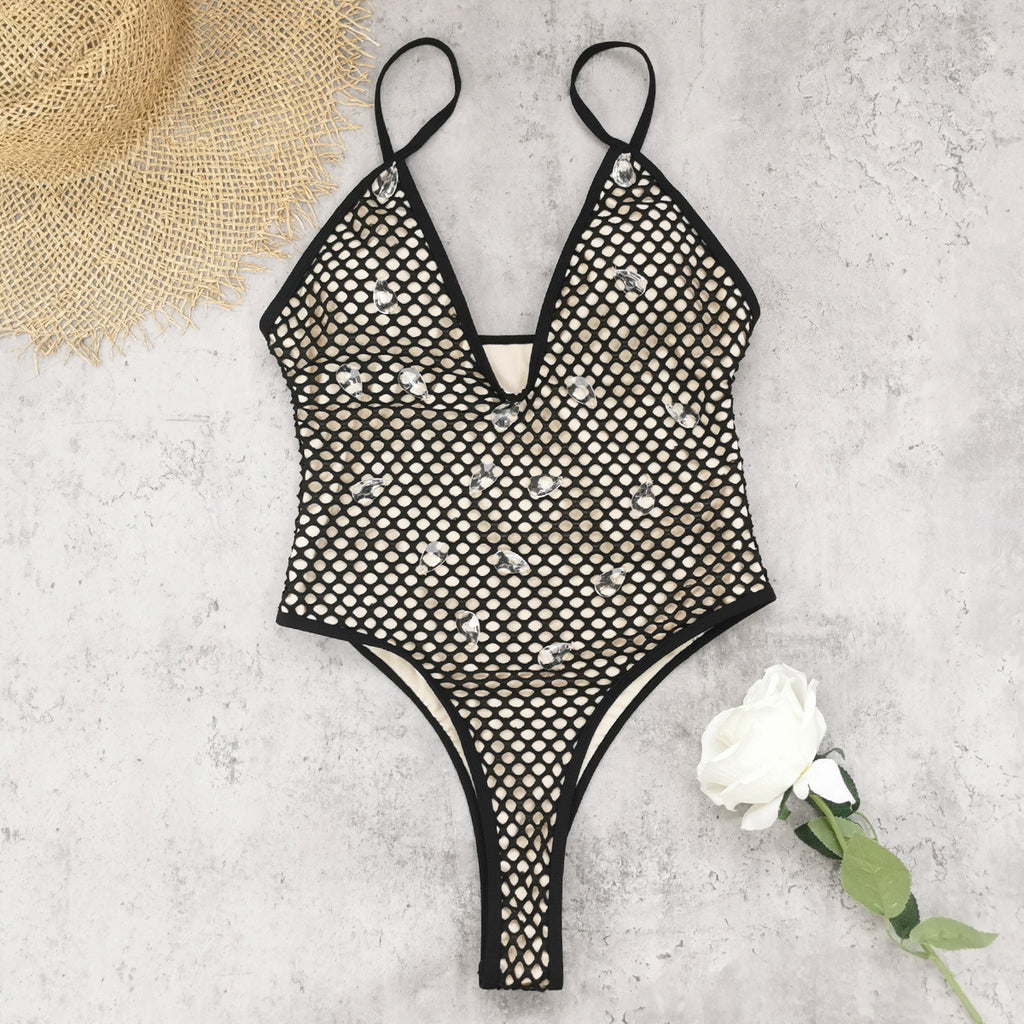 Black mesh one-piece swimsuit with V-neck and thin adjustable straps