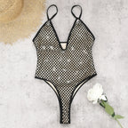 Black mesh one-piece swimsuit with V-neck and thin adjustable straps