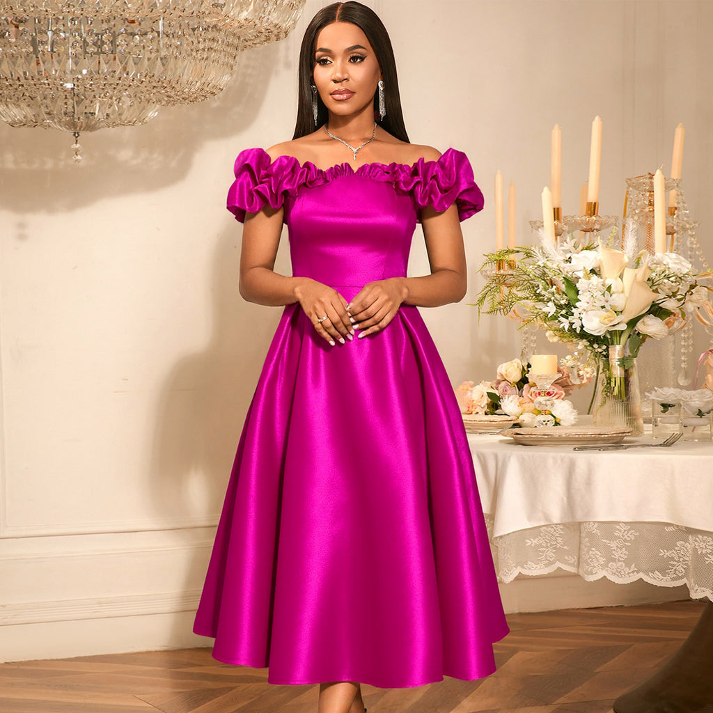 Off-Shoulder Ruched Ruffle A-Line Midi Dress