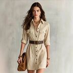 Women's Apricot Belted Shirt Mini Dress