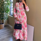 Women's Floral Tie-Neck Long Sleeve A-Line Maxi Dress