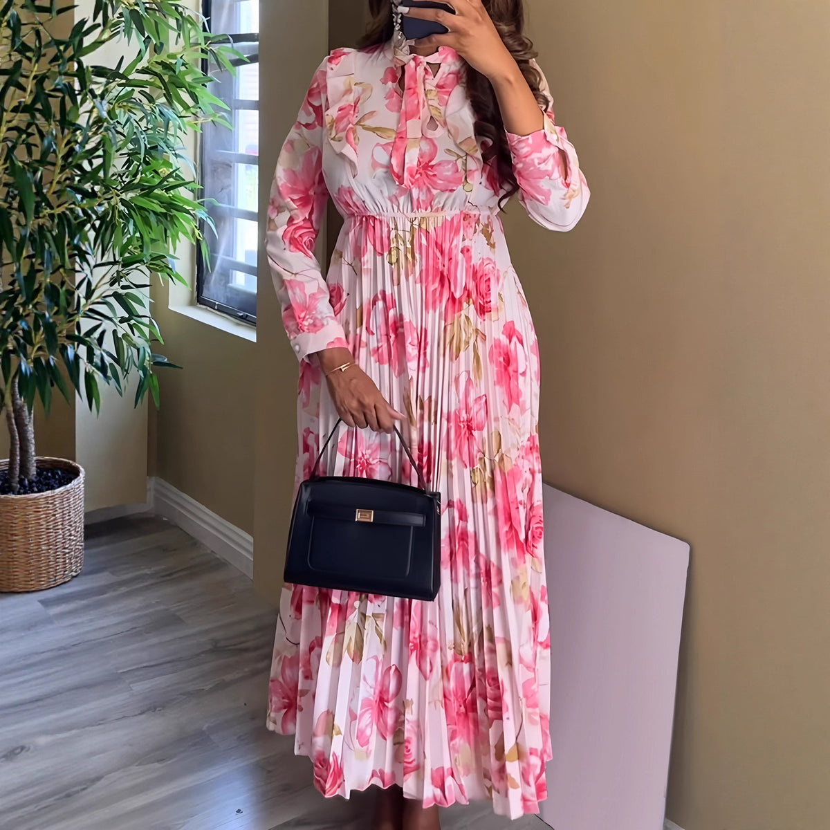 Women's Floral Tie-Neck Long Sleeve A-Line Maxi Dress