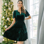 Gold Velvet V-Neck Flounce Dress