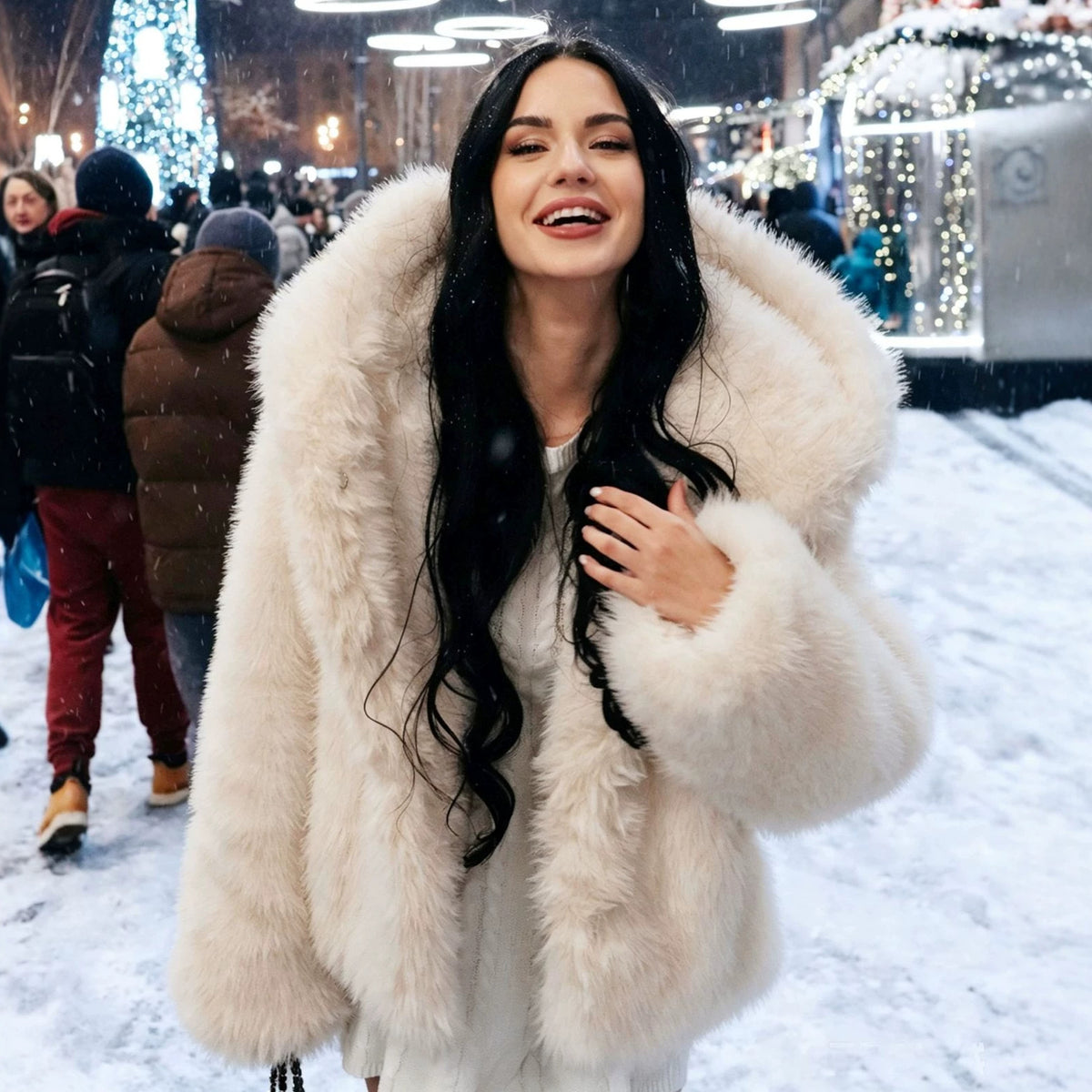 Women's Eco Friendly Fur Hooded Jacket Faux Fur Warm Fur Overcoat Coat