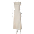 Apricot sleeveless midi dress, draped cowl V-neck, fitted waist, flowing skirt