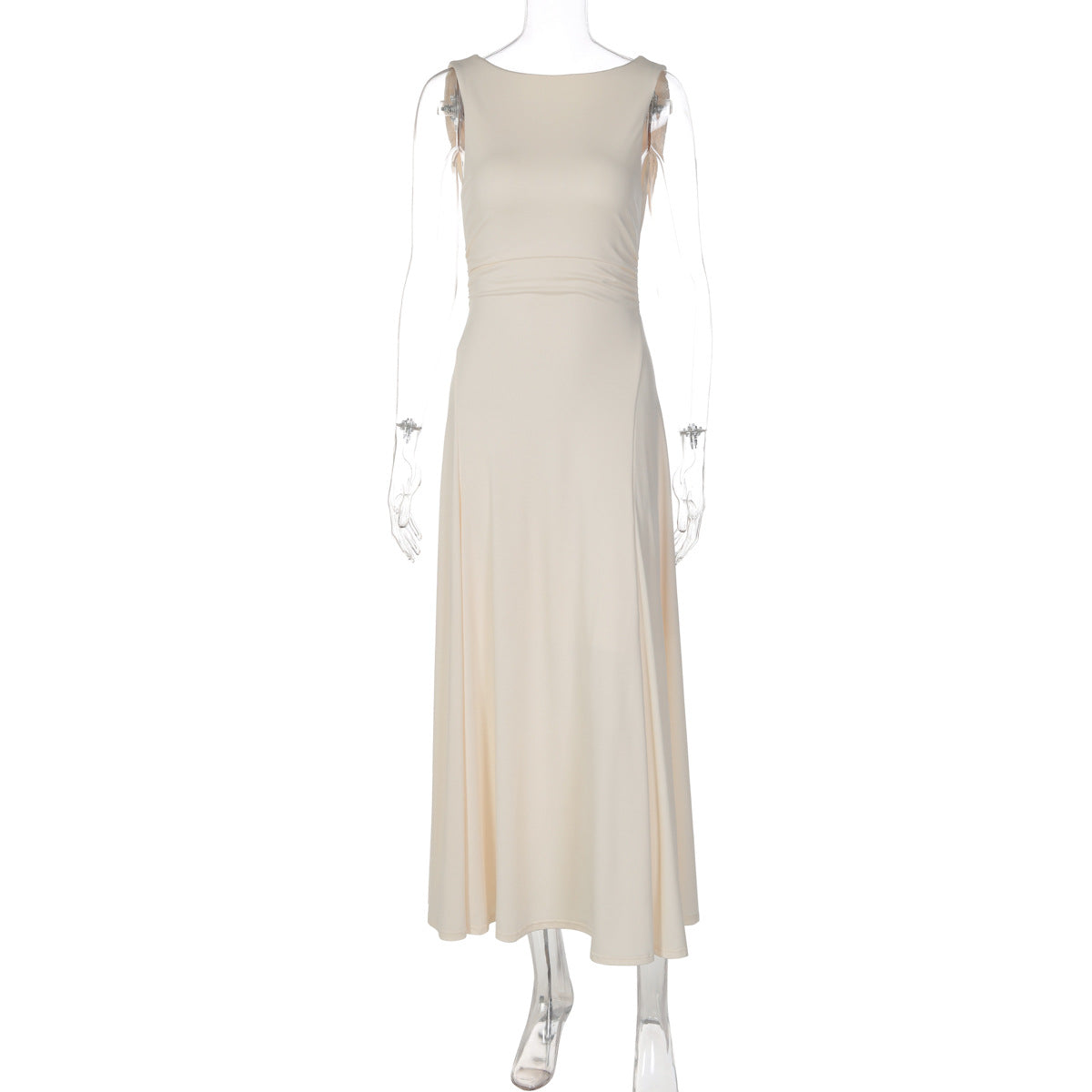Apricot sleeveless midi dress, draped cowl V-neck, fitted waist, flowing skirt