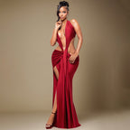 Solid Color Halter Sleeveless Backless Deep V-Neck Plunge Ribbon Maxi Dress