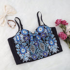Women’s Blue Floral Embroidered Corset Crop Top