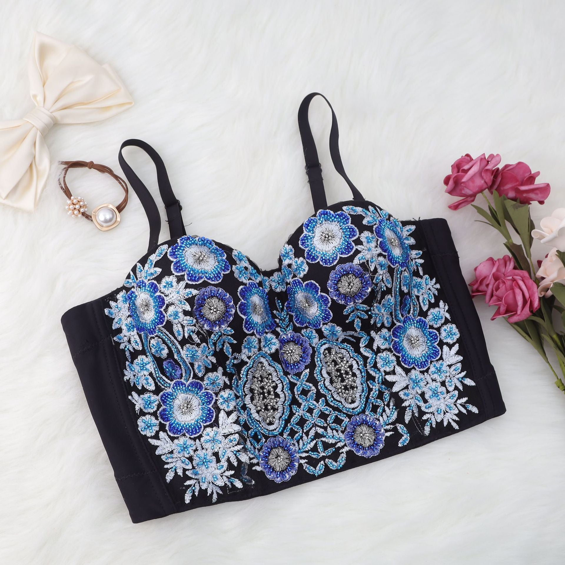 Women’s Blue Floral Embroidered Corset Crop Top