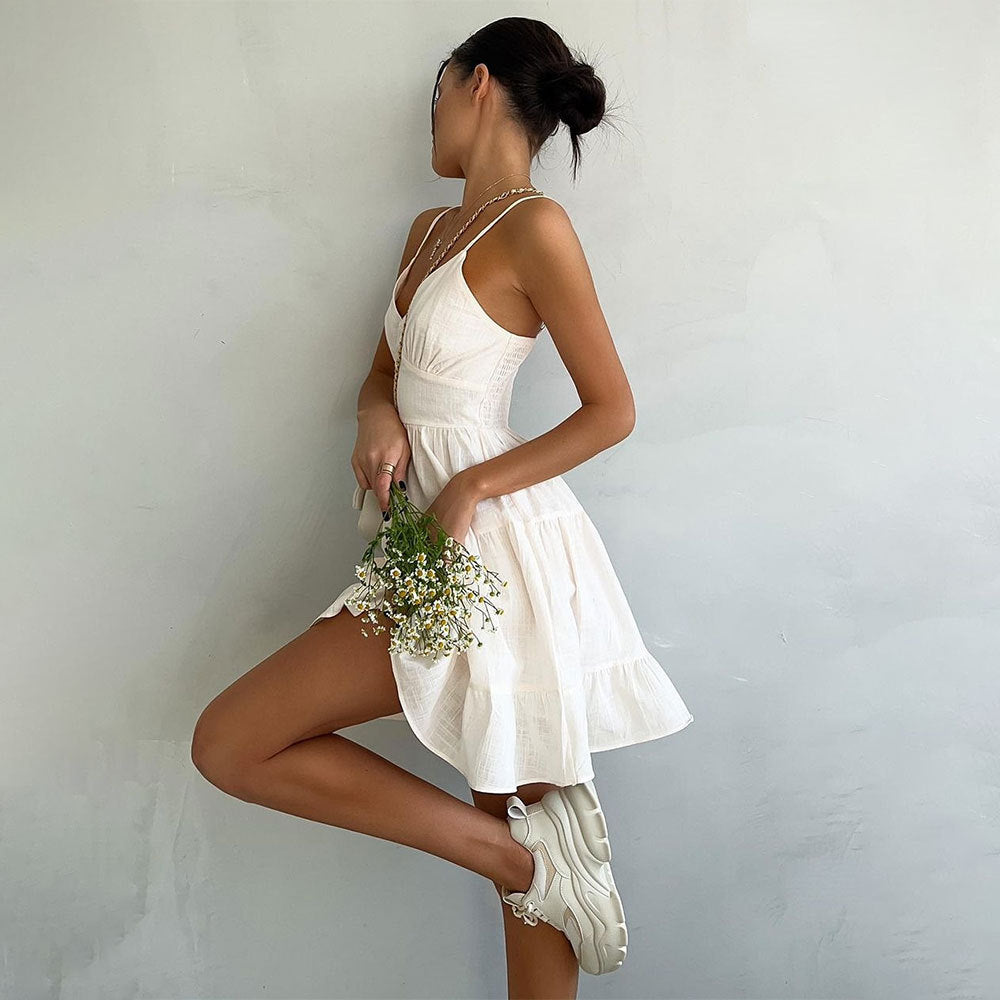 Linen Strappy Dress Sleeveless Slim Back Smocking Cami