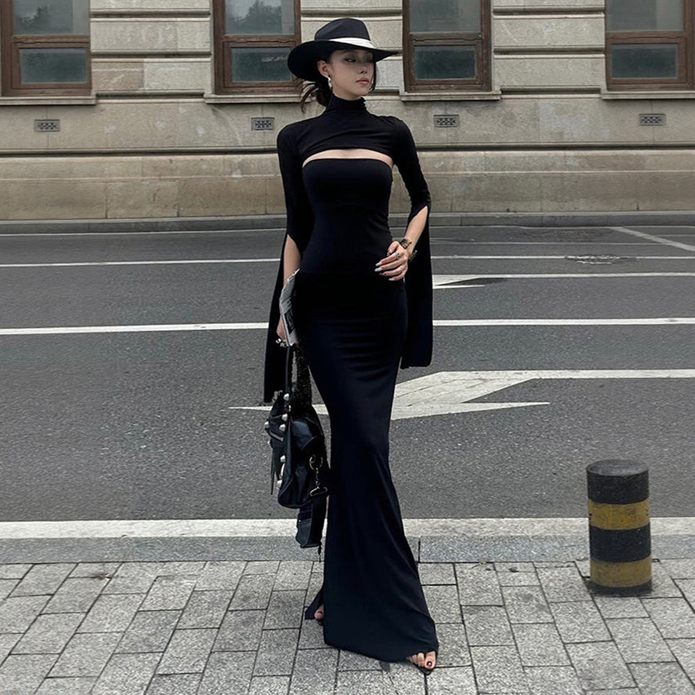 Women's Advanced Black Slim Fit Fishtail Dress Turtleneck Hollow Out Cutout Split Slimming Maxi Dress