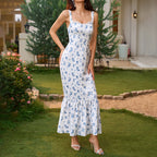 Women's Printed Backless Ruched Midi Dress