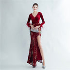 Women's Ostrich Feather Sequin Velvet Side Slit Long Sleeve Evening Dress